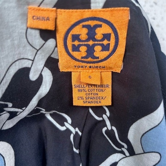 Tory Burch Navy Blue Double Breasted Blazer Gold Logo Buttons White Trim Size 6 - Picture 12 of 12